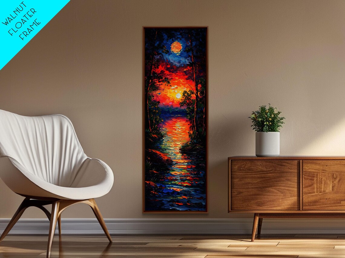 Fiery Sunset And Full Moon Over Dark Water Impasto Lake Night Poster - Image 2