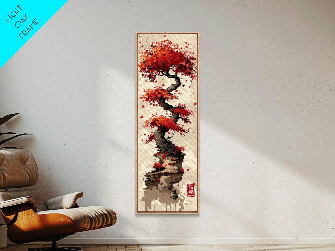 Vibrant Red Maple Tree With Twisting Branches On A Beige Background Ukiyo E Art Japanese Framed Print Skinny Tall Art - Image 4