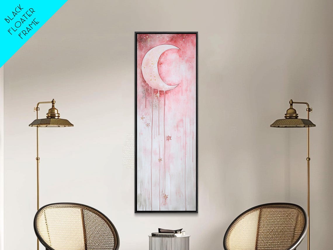 Crescent Moon Over Pink Starry Sky Watercolor Night Celestial Wall Art - Image 3