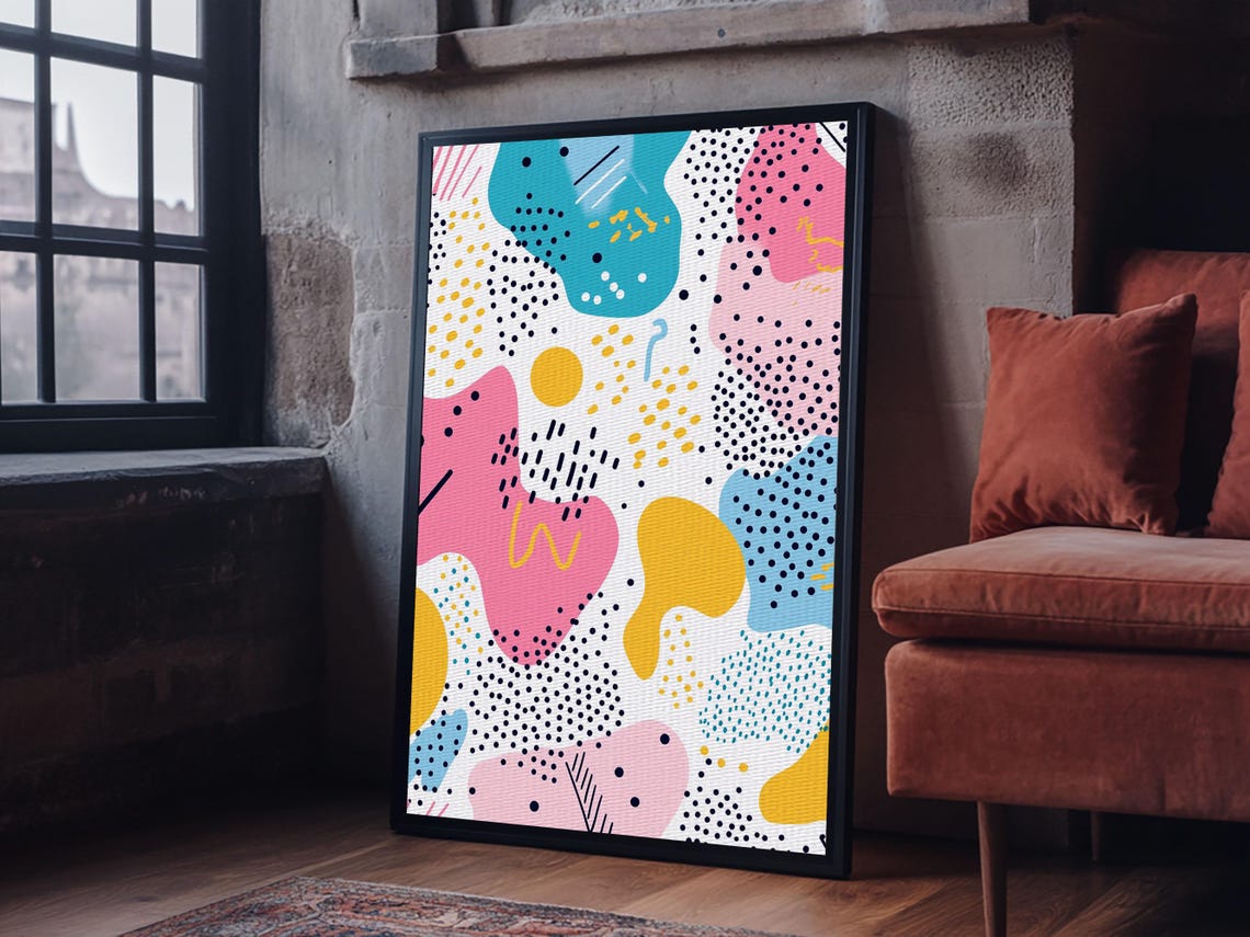 90s Memphis Style Abstract Blobs Dots Pink Blue Yellow Wall Art - Image 5