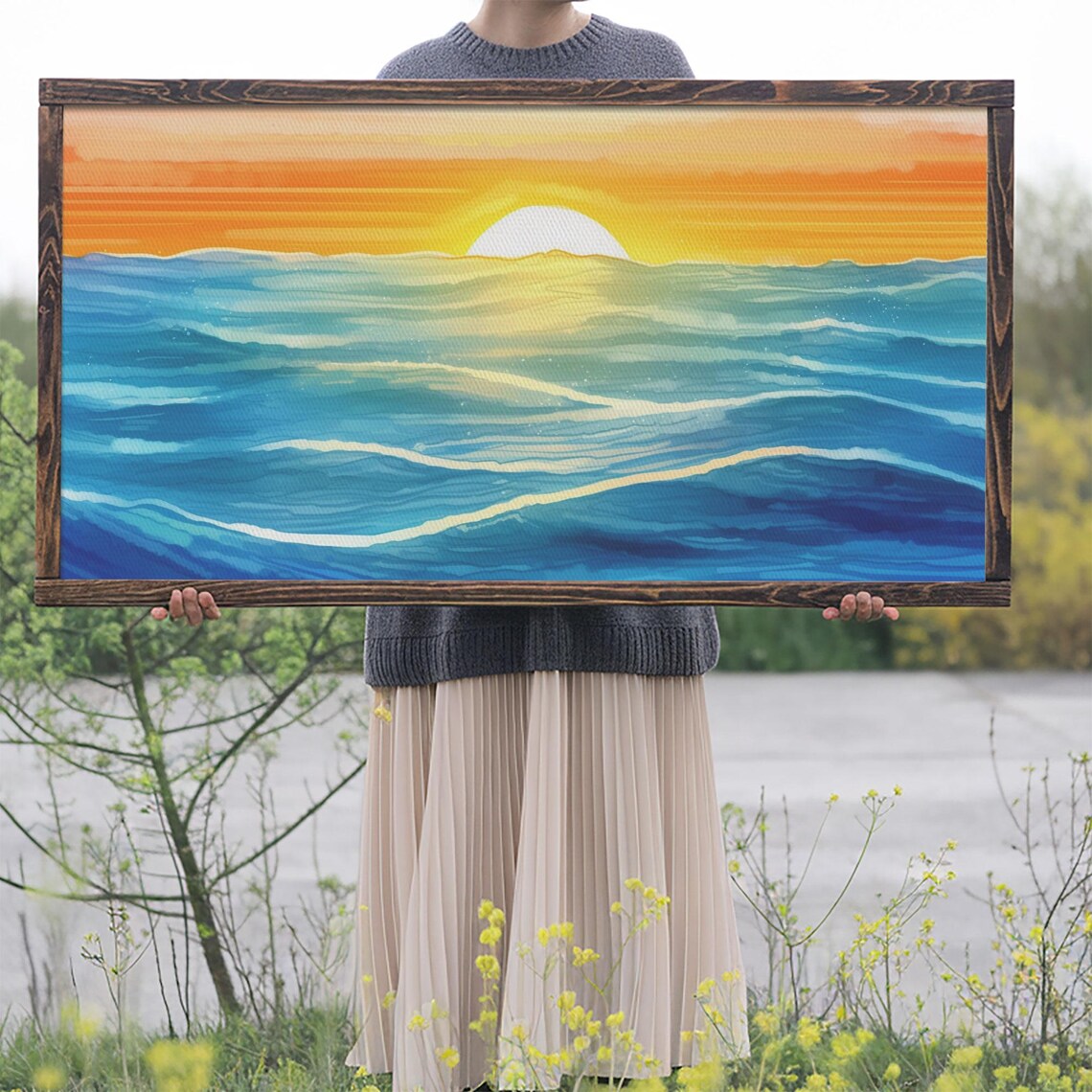 Ocean Sunset Seascape Watercolor Waves Golden Horizon Wall Art - Image 2