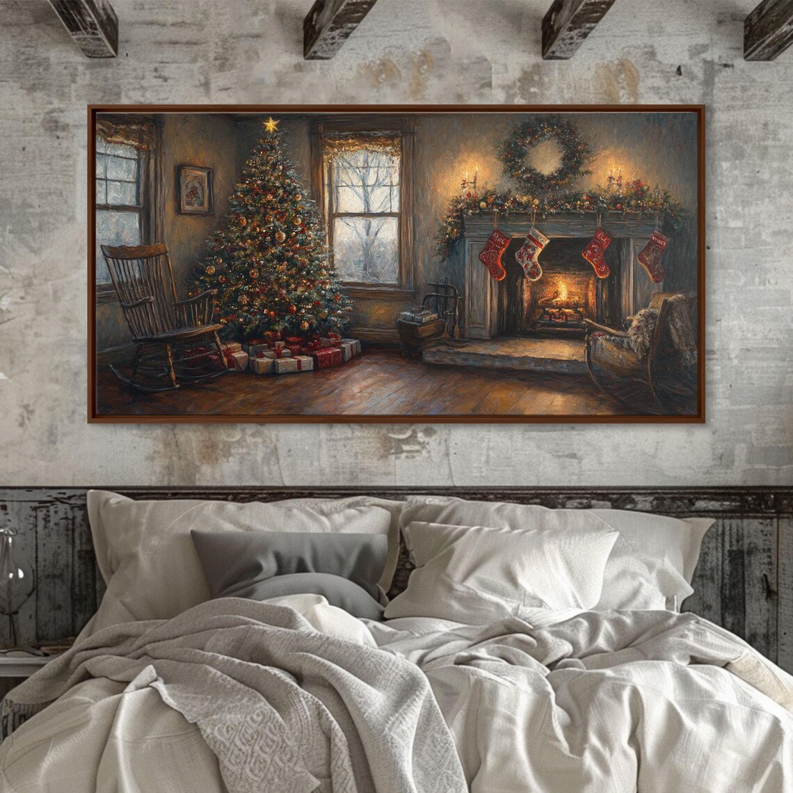 Cozy Christmas Living Room Fireplace Tree Stockings Rustic Poster - Image 3
