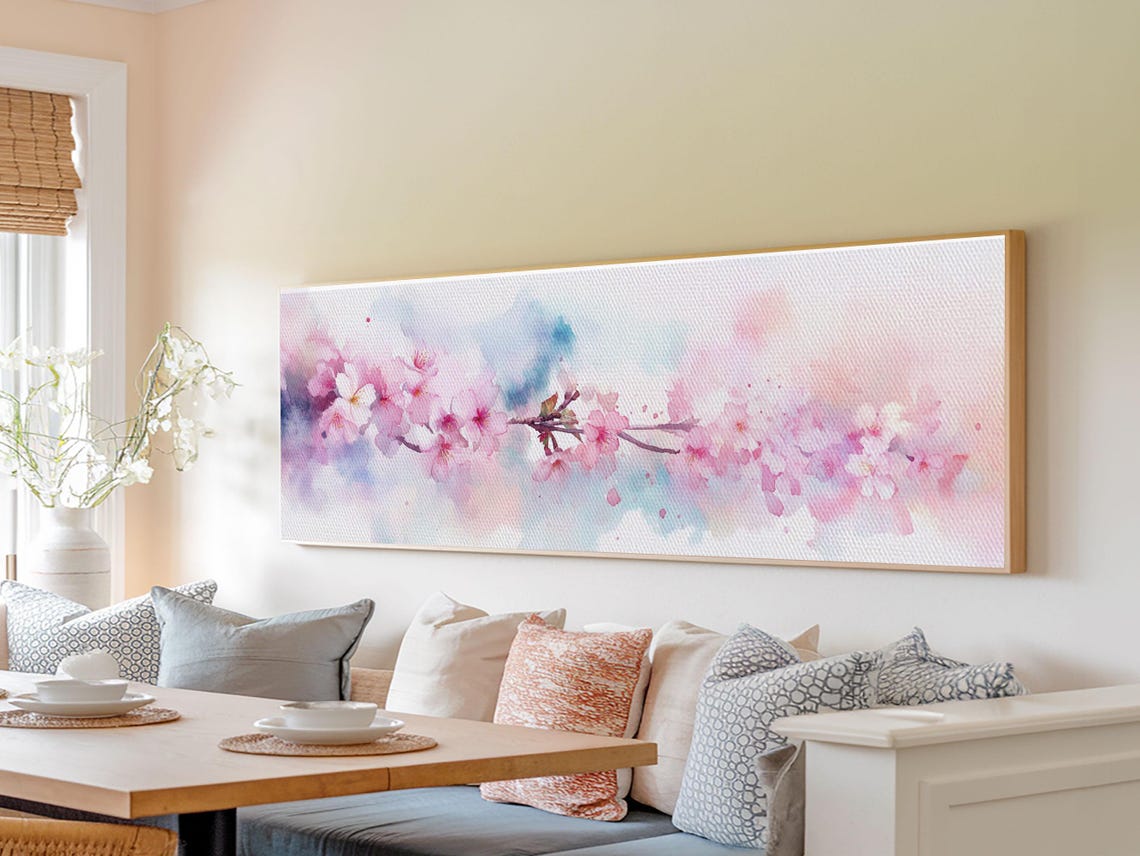 Cherry Blossom Branch Pink Watercolor Ukiyo E Panoramic Wall Poster - Image 5