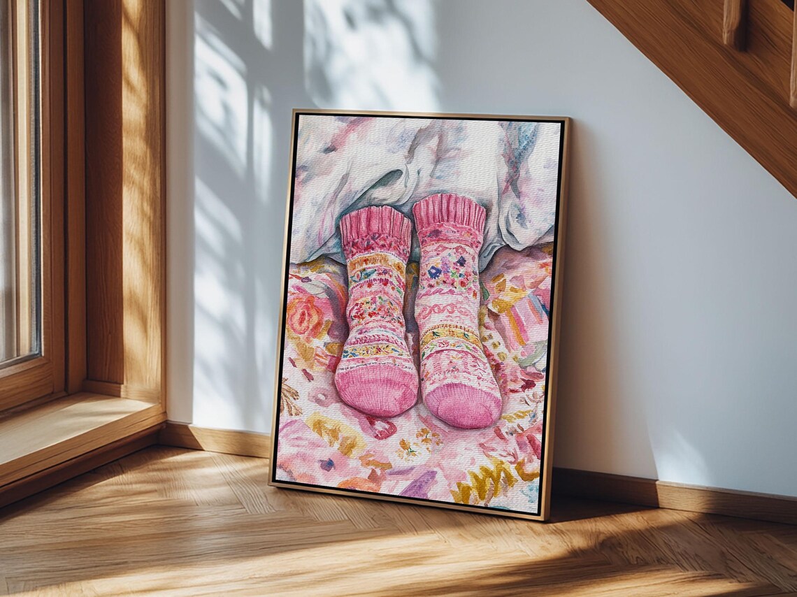 Cozy Pink Socks Watercolor Patterned Knit Winter Bedroom Art Poster - Image 2