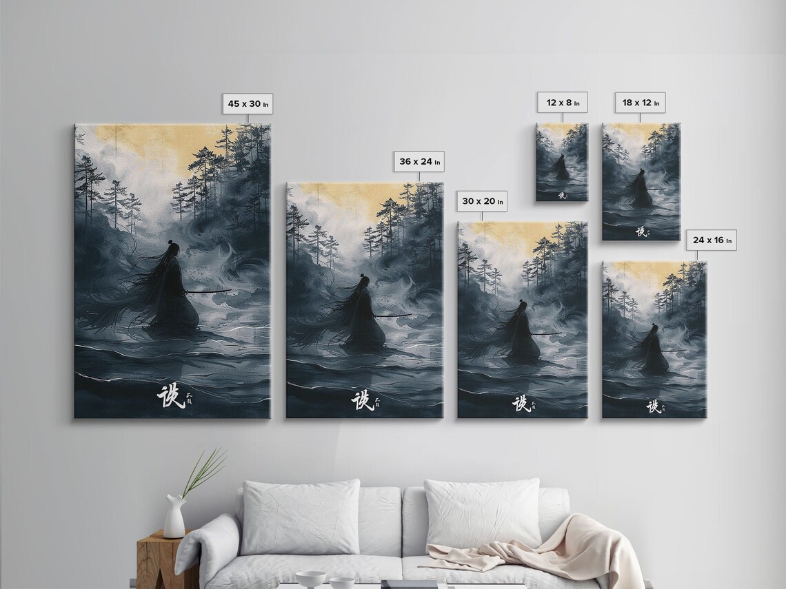 Japanese Samurai Silhouette Ink Wash Poster in Misty Pine Forest Art - Image 2