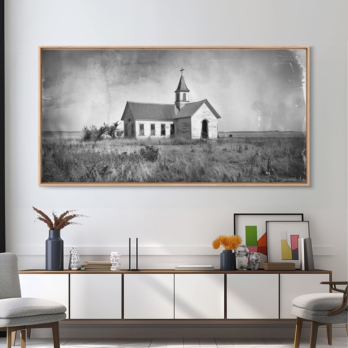 Vintage Country Church in Open Field, Rustic Wall Art Print - Image 2