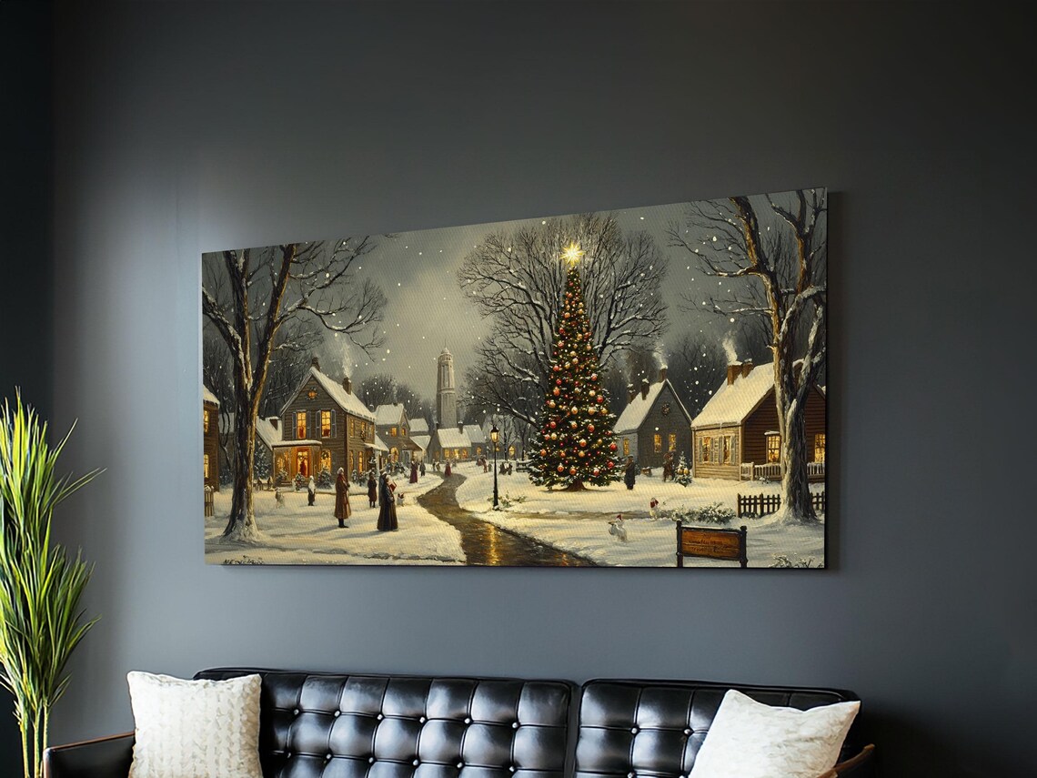 Christmas Sceneary Wall Art Framed Print Winter Wall Art Christmas Village Painting Victorian Christmas Oil Painting Horizontal Art - Image 6