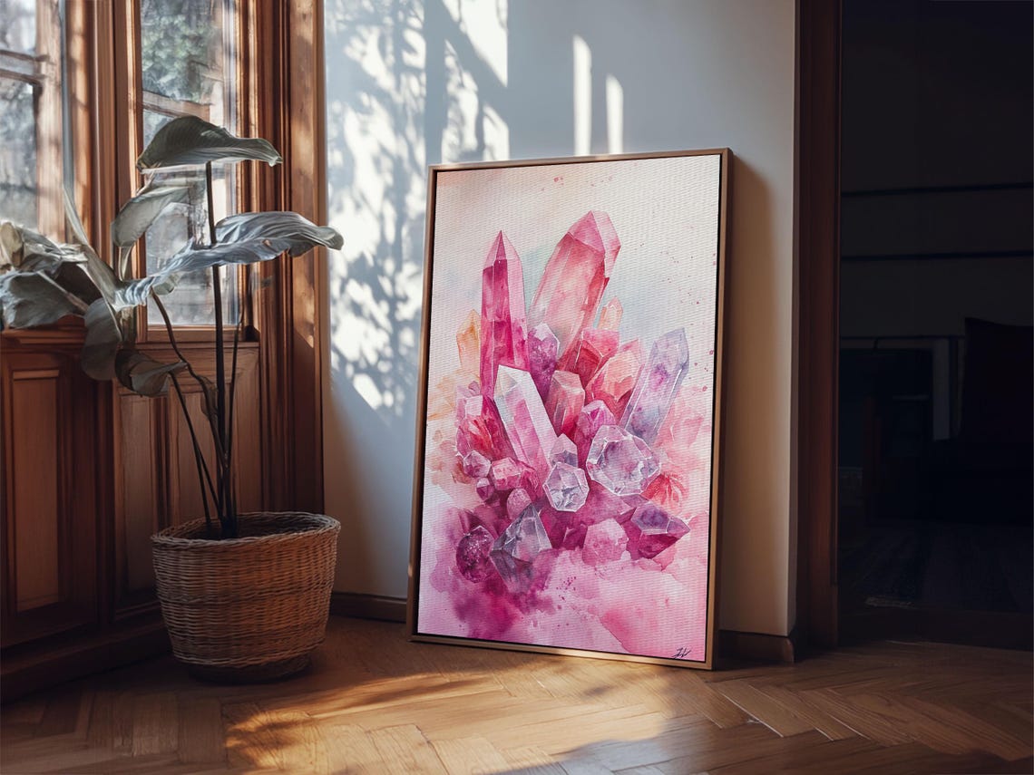 Pink Crystal Cluster Watercolor Gemstone Healing Spiritual Wall Art - Image 4