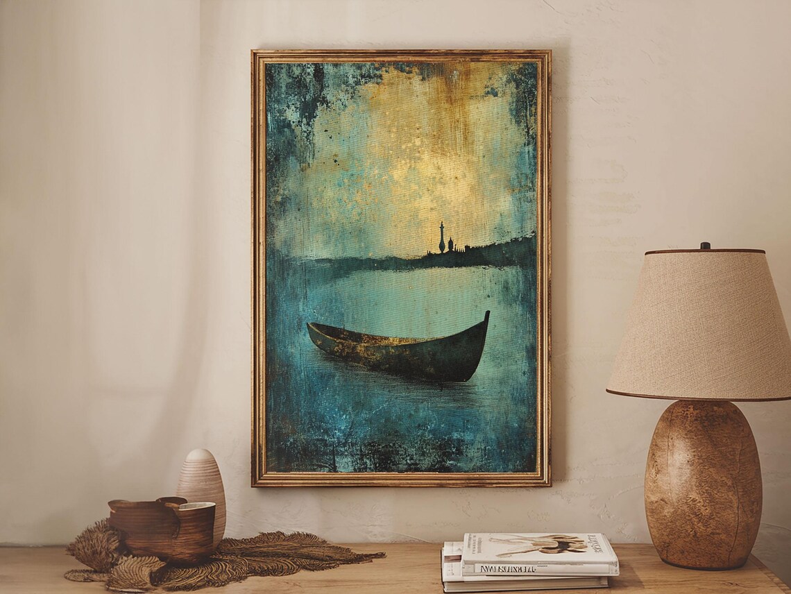 Lone Canoe Moored Teal Water Gold Sky Abstract Nautical Art Poster