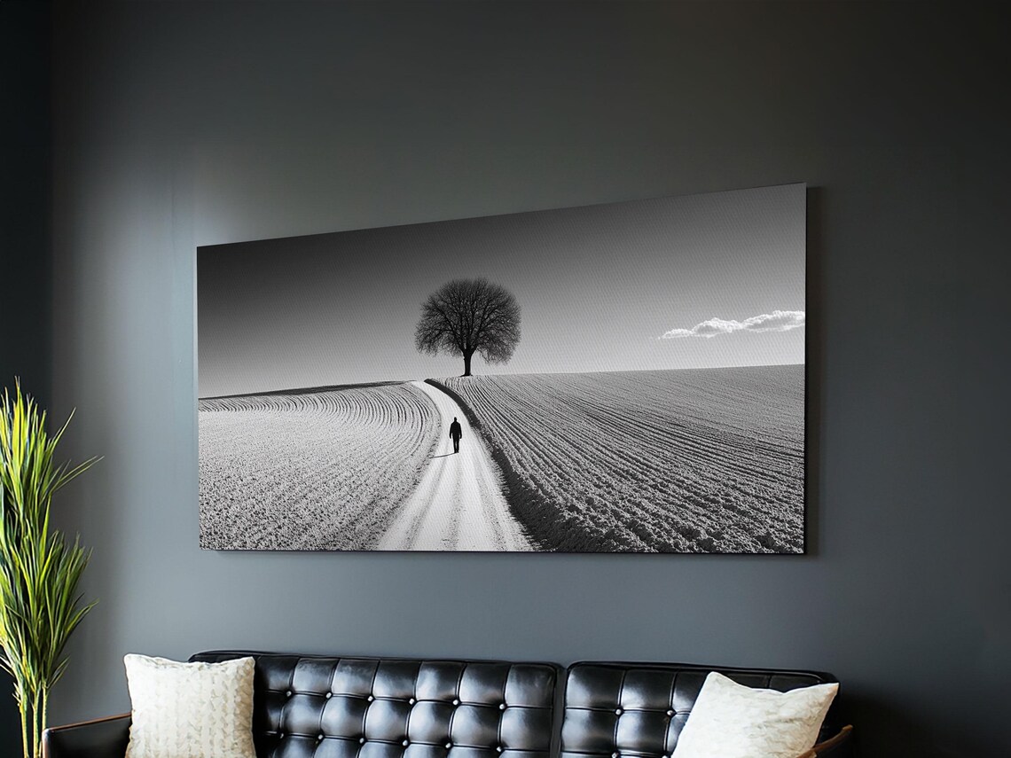 Black And White Lone Tree Country Road Field Minimalist Photo Print - Image 2