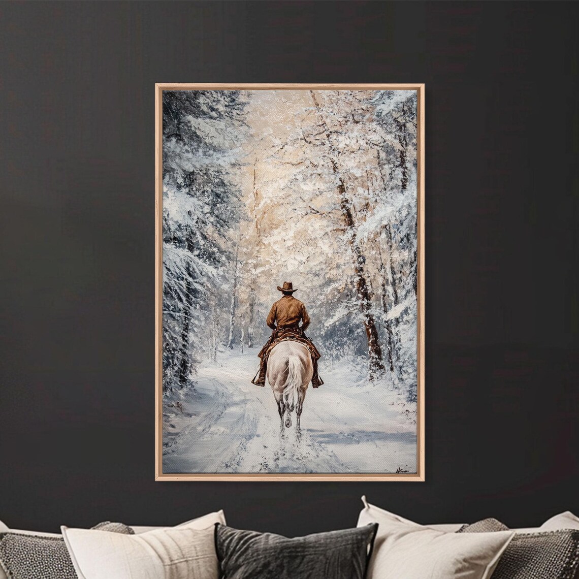 Cowboy Riding White Horse Snowy Forest Trail Winter Western Poster