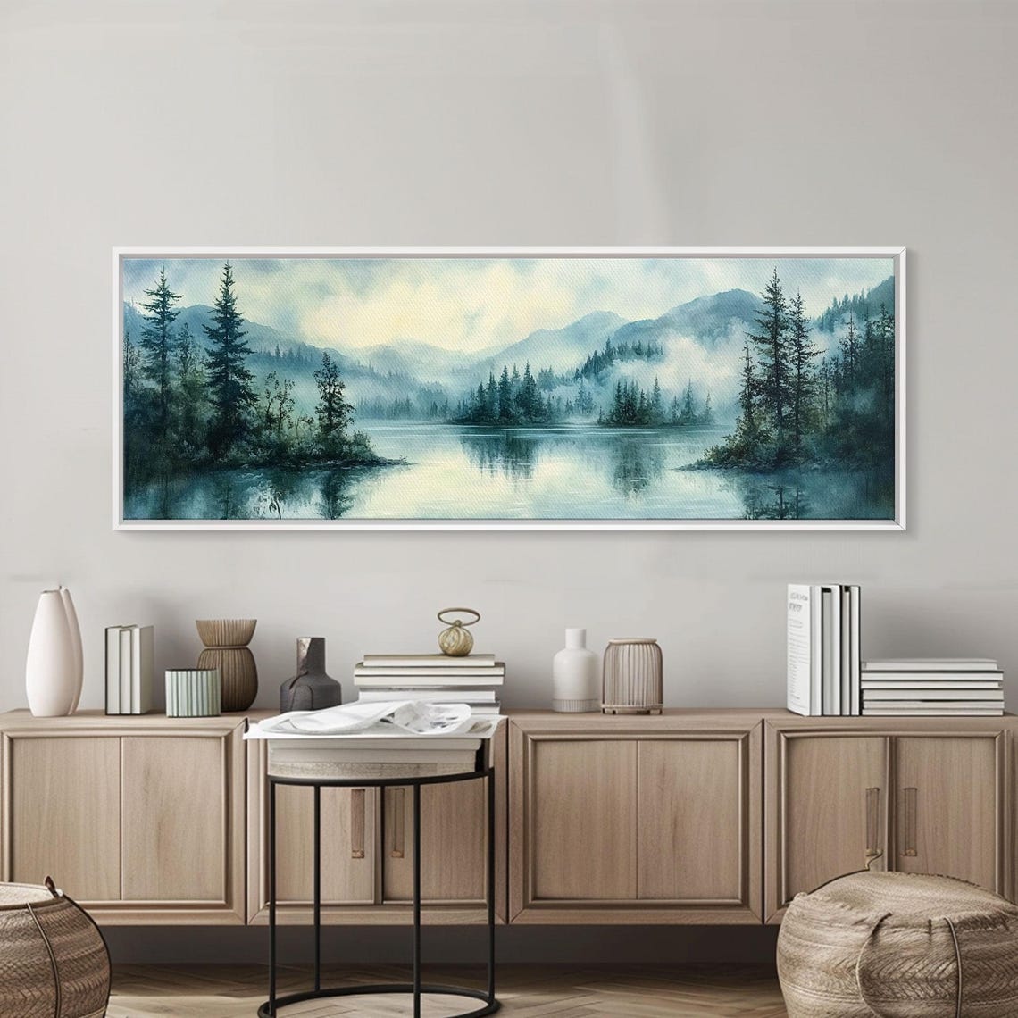 Fog Over The Lake Panoramic Painting Print Rustic Decor Panoramic Ultra Wide Wall Art For Above Bed Or Sofa Moody Decor - Image 2