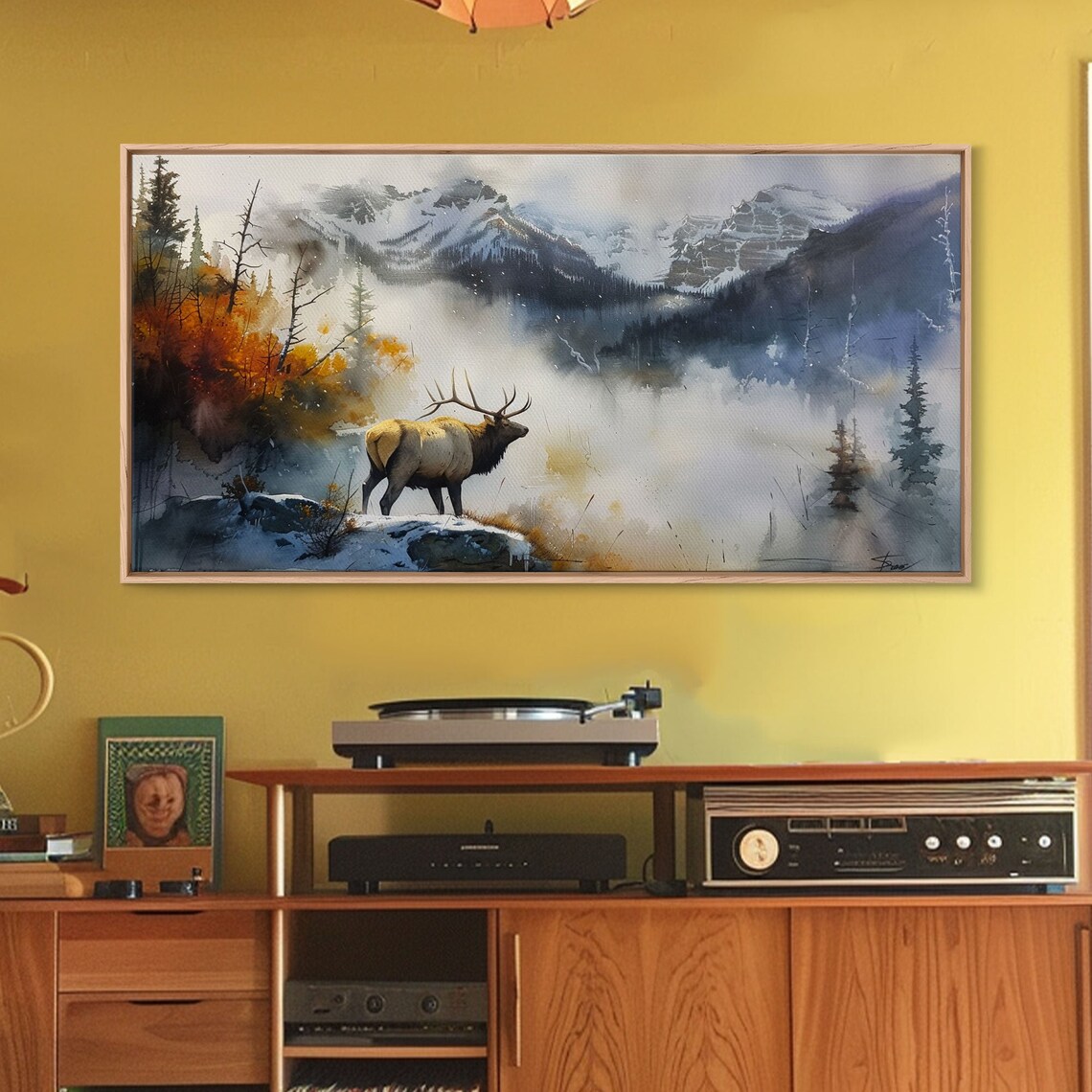 Majestic Elk in Misty Mountains, Rustic Nature Art Print - Image 4
