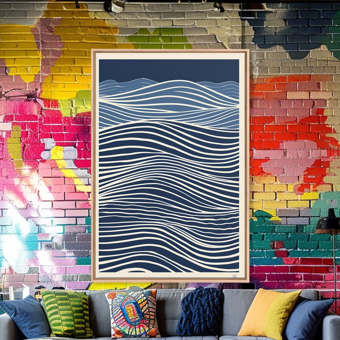 Japandi Blue Ocean Wave Ripple Lines Abstract Minimalist Wall Art - Image 2