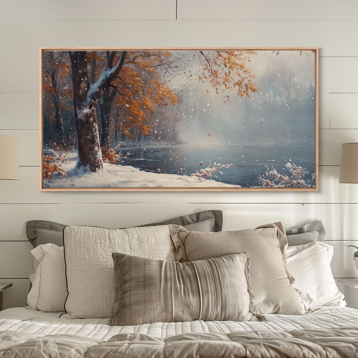 Autumn Lake Scene Golden Trees Falling Snow Icy Water Poster - Image 2