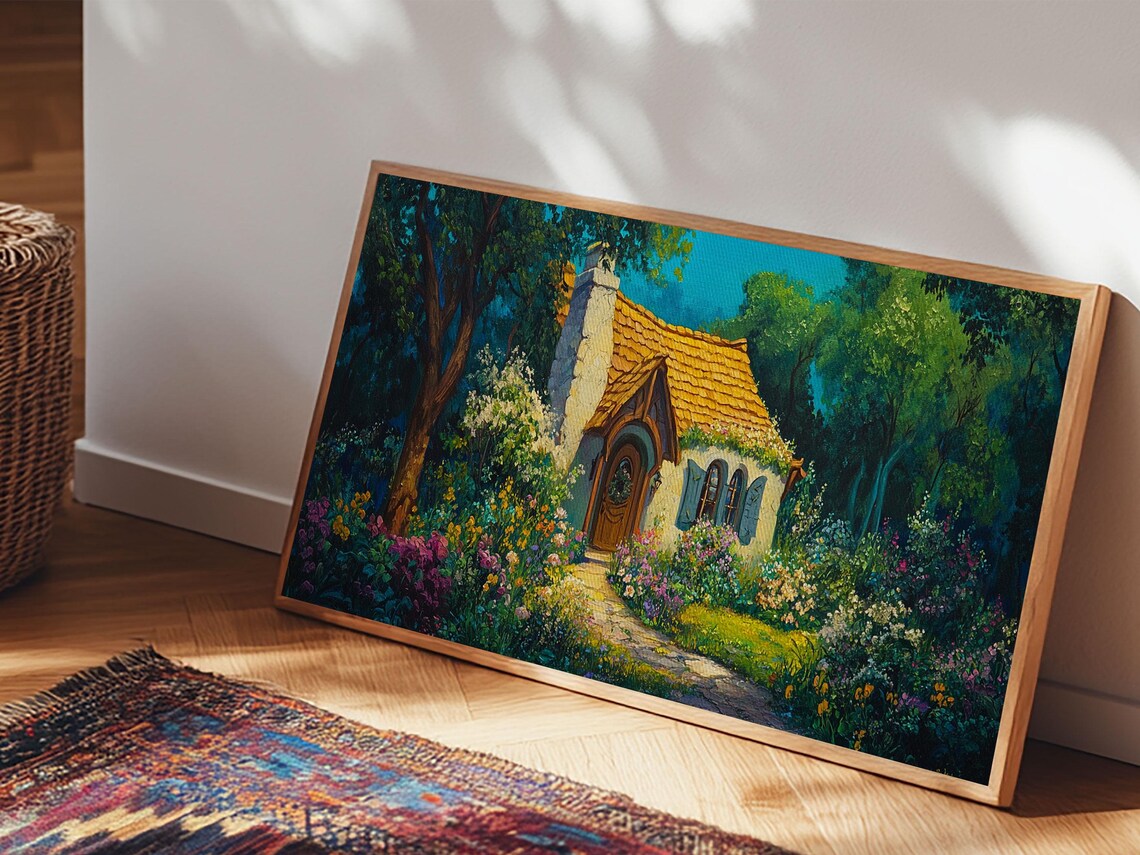 Whimsical Garden Cottage Flower Path Stone House Night Panoramic Wall Art - Image 4