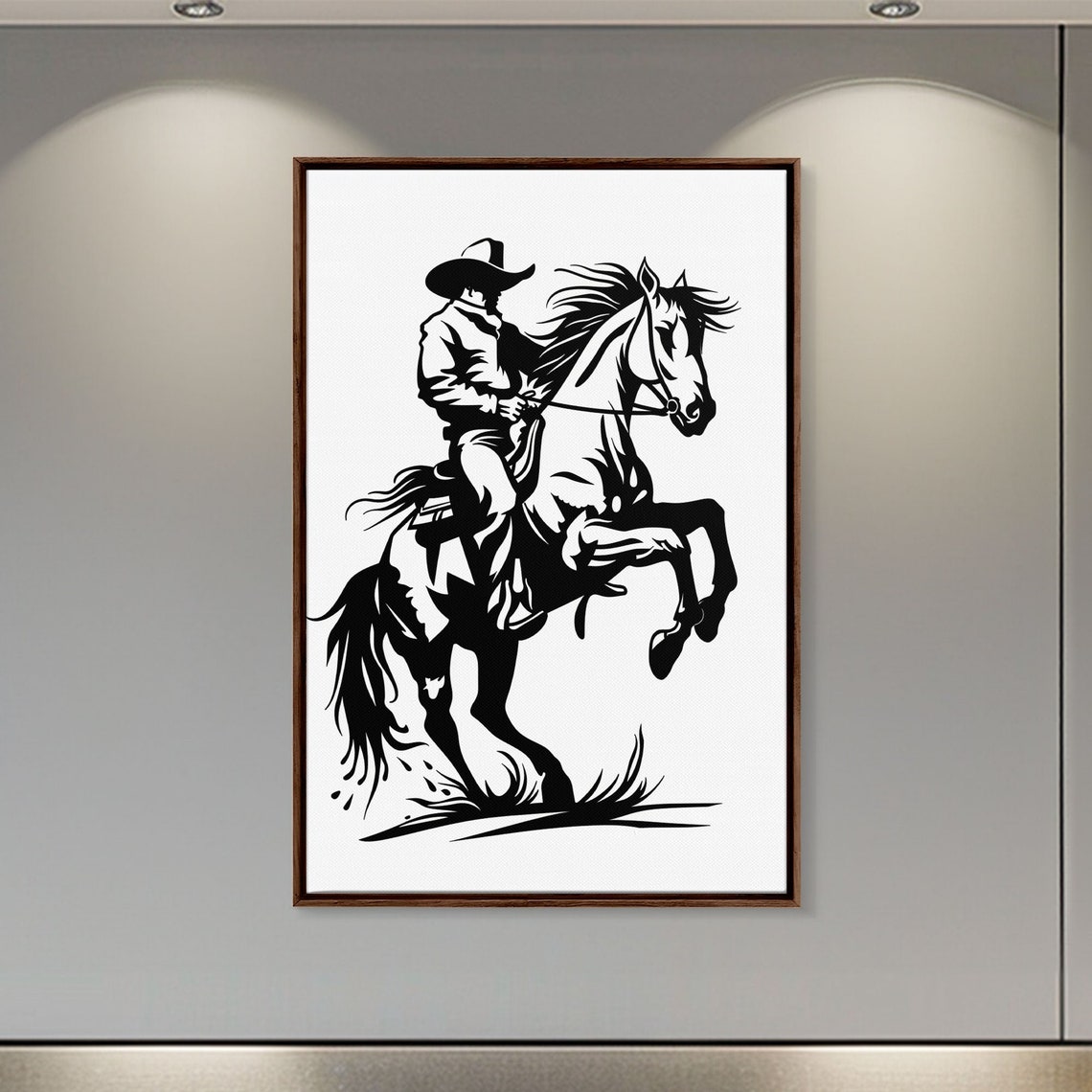 Cowboy Riding Rearing Horse Black Silhouette Minimalist Poster - Image 2