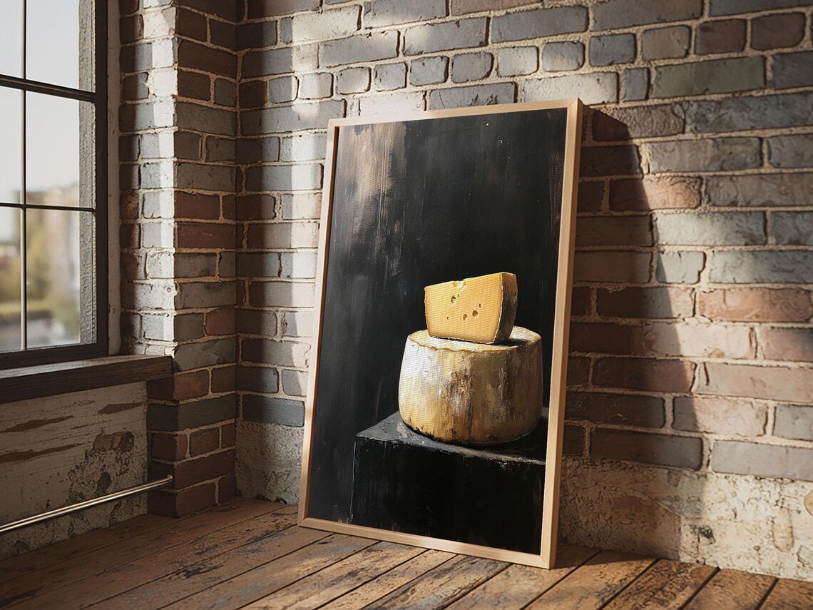 Cheese Wheel Still Life Oil Painting Dark Moody Kitchen Food Art Print - Image 2