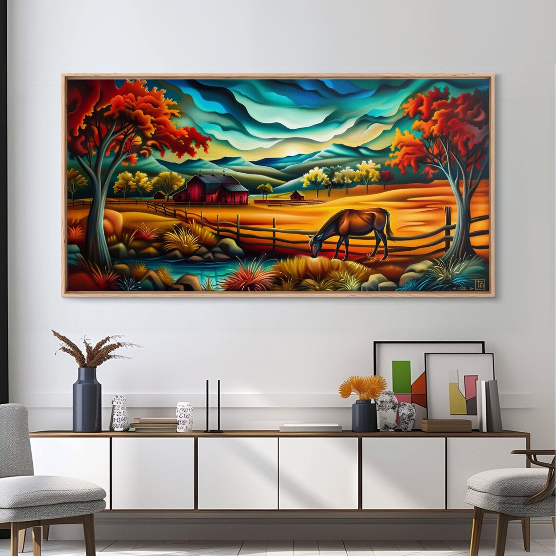 Grazing Horse By Pond Autumn Farm Red Barns Colorful Folk Art Poster