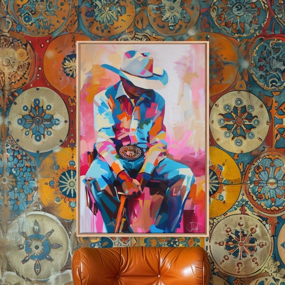 Vibrant Cowboy Portrait In Abstract Colors Framed Print Modern Western Decor Colorful Cowboy Wall Art For Living Room Or Bedroom