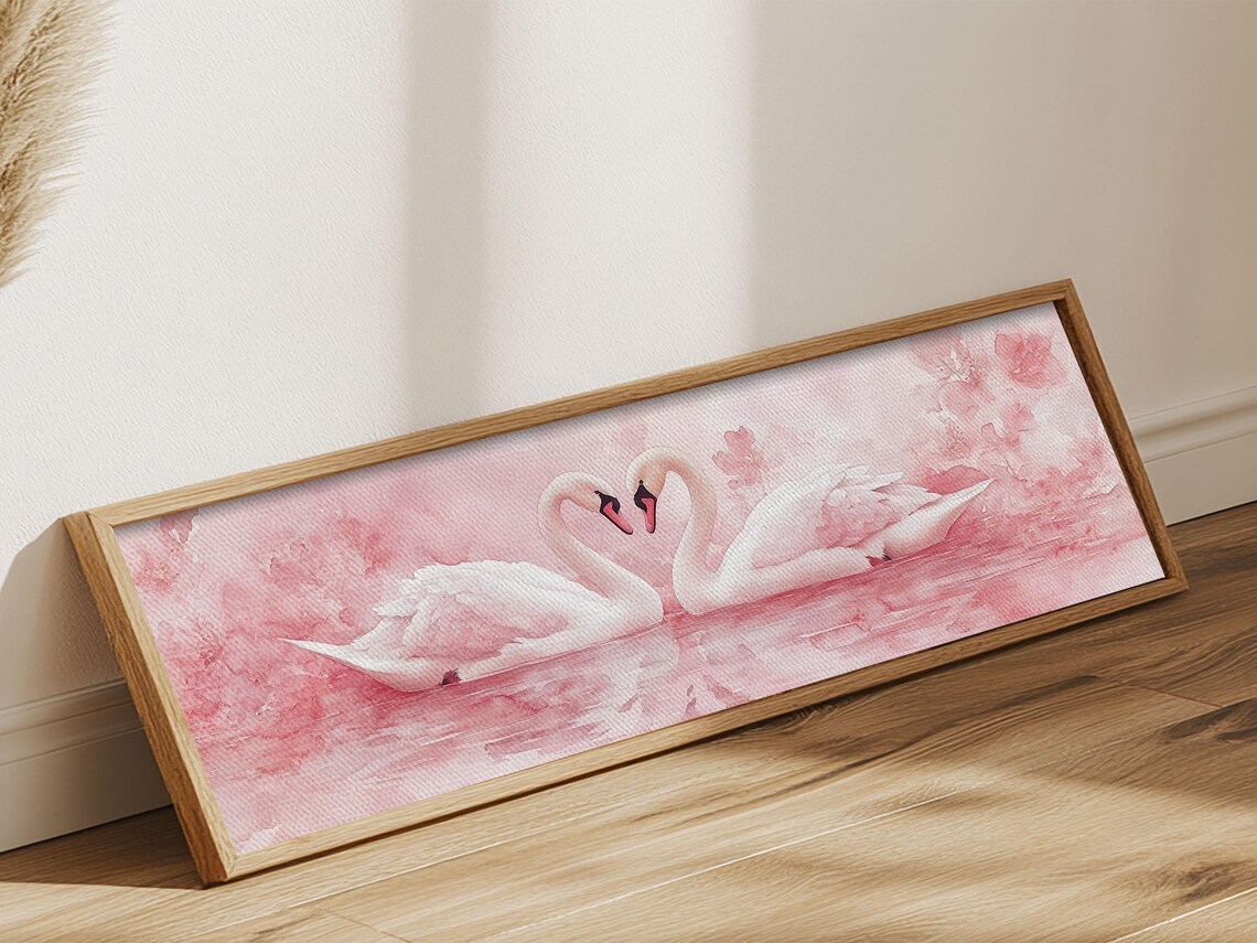 Swan Pair Pink Blossom Lake Watercolor Romantic Animal Wall Art - Image 5