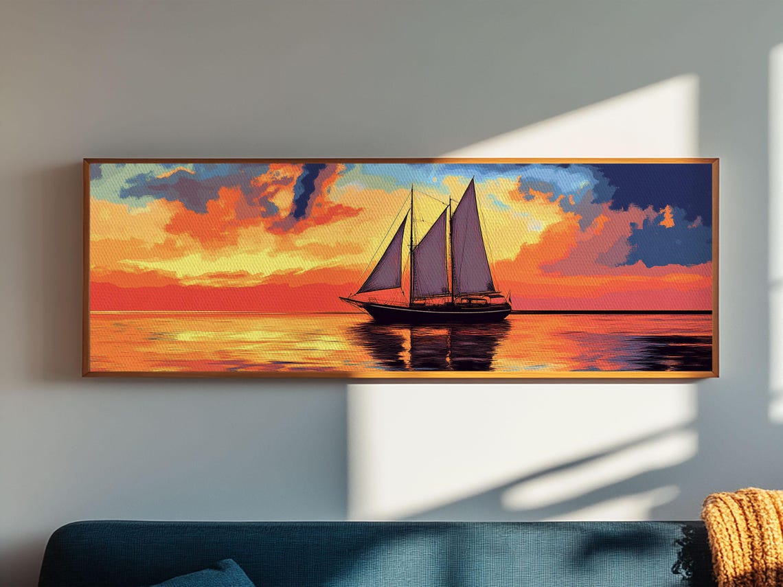 Tall Sail Ship Sunset Orange Sky Ocean Panoramic Nautical Poster - Image 2