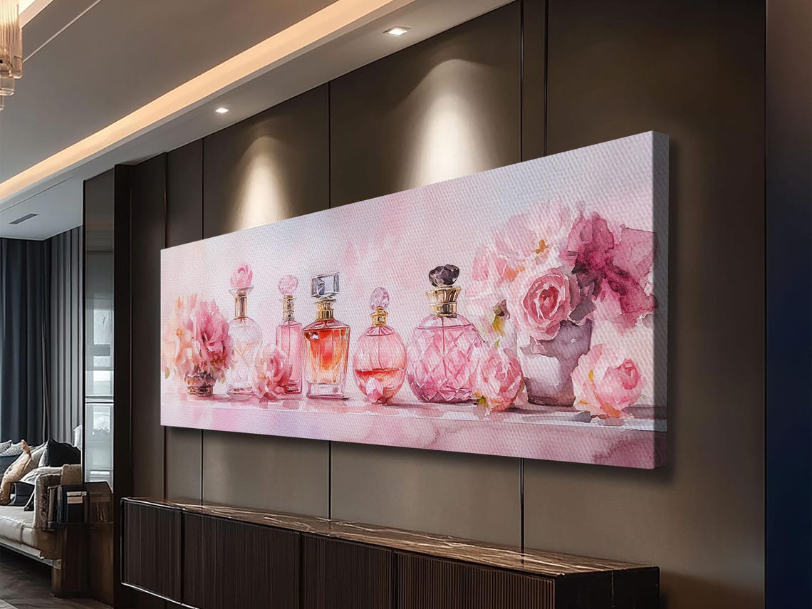 Pink Perfume Bottles Roses Watercolor Glam Vanity Decor Wall Art - Image 2