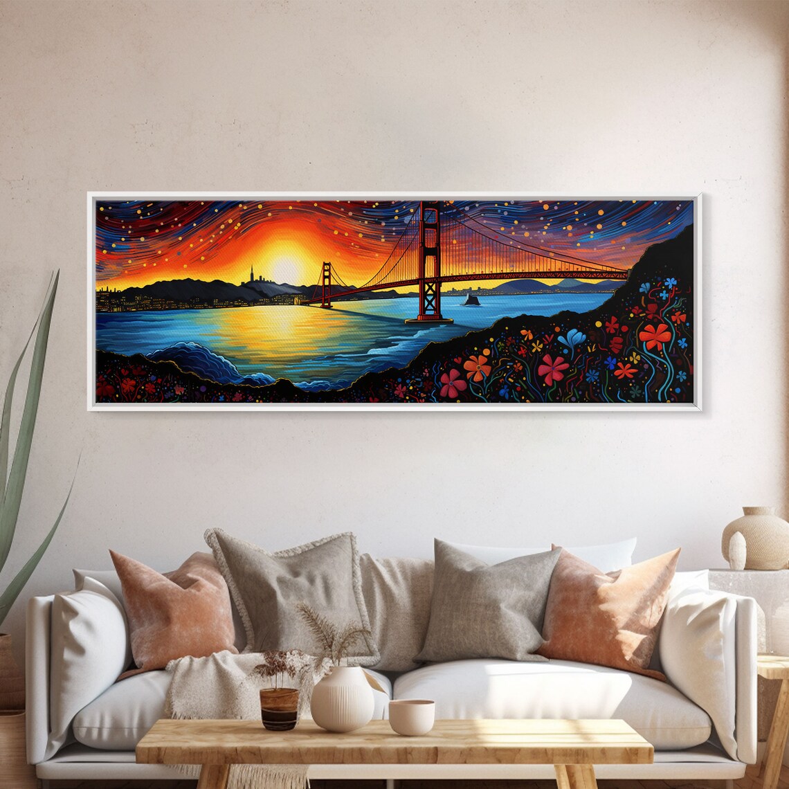 Golden Gate Bridge San Francisco Sunset Swirling Sky Floral Painting Poster - Image 5