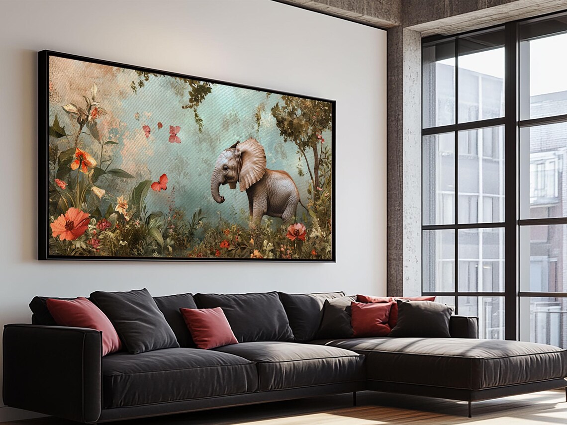 Elephant Jungle Garden Painting Butterflies Botanical Wildlife Art Poster - Image 3