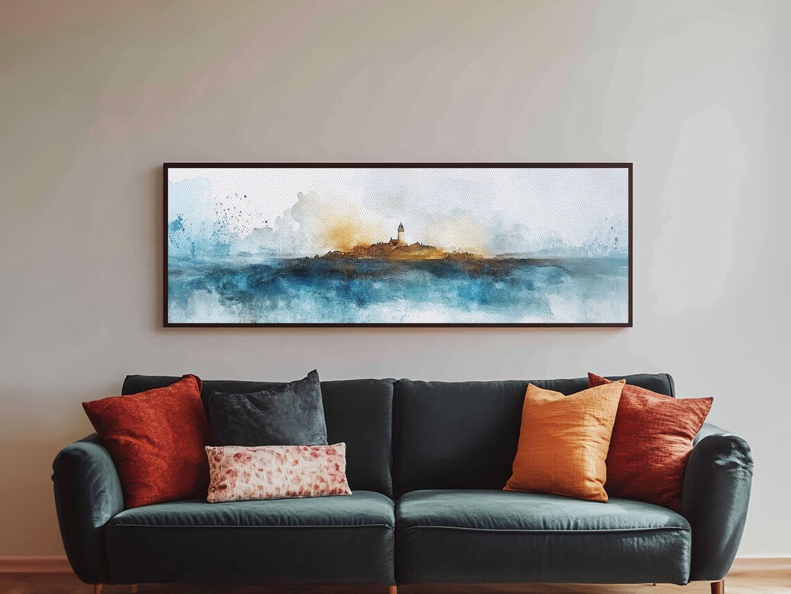 Lighthouse Rocky Island Blue Watercolor Panoramic Coastal Wall Poster - Image 4