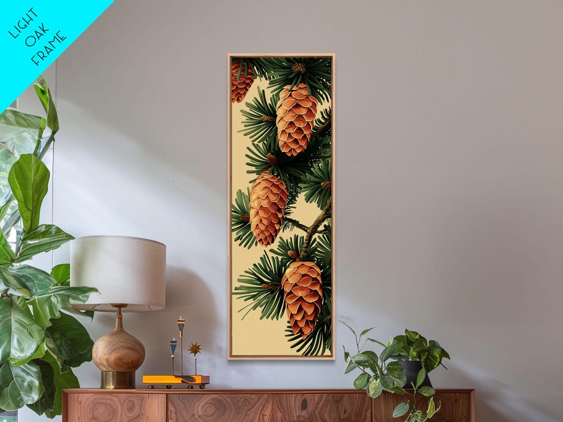 Golden Pinecones On Green Pine Needles Vintage Botanical Wall Art - Image 5