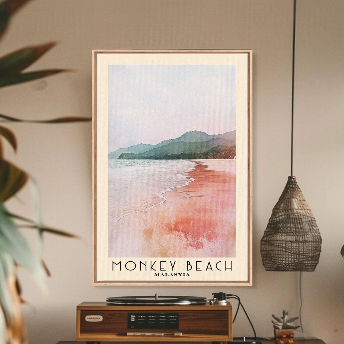 Monkey Beach Malaysia Sunset Calm Shore Palm Hills Watercolor Poster - Image 2