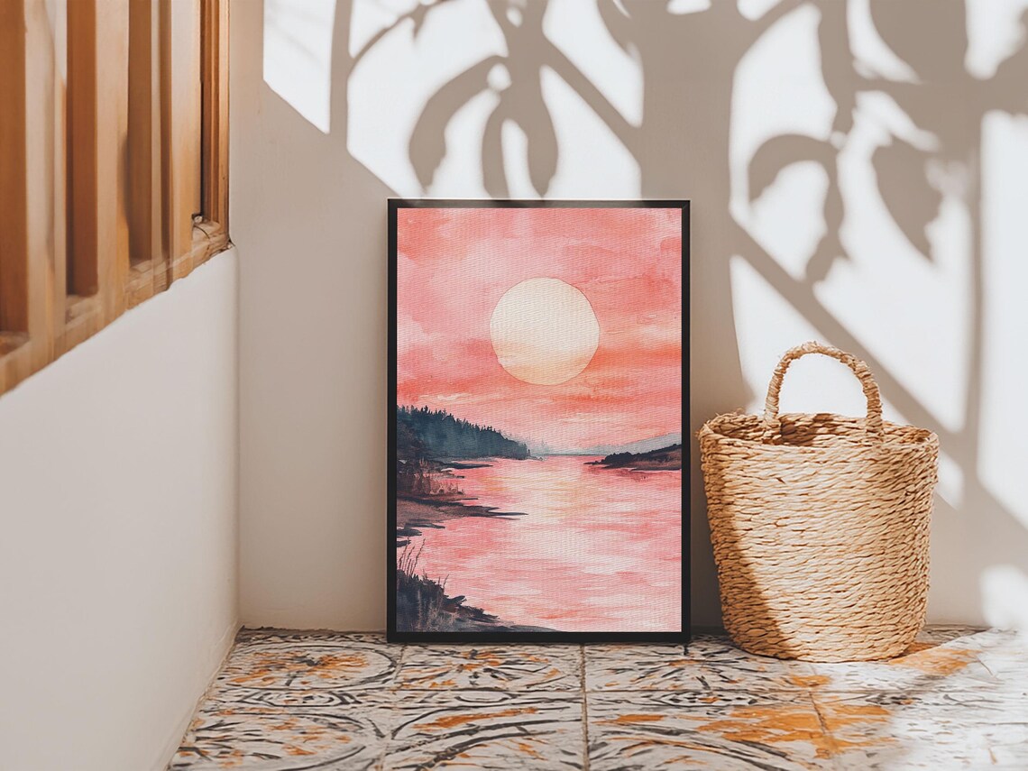 Pink Sunset Lake Watercolor Golden Sun Serene Landscape Art Poster - Image 5