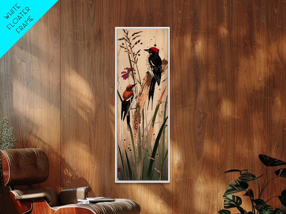 Two Woodpeckers Perched Among Reeds Vintage Japanese Style Wall Art - Image 2