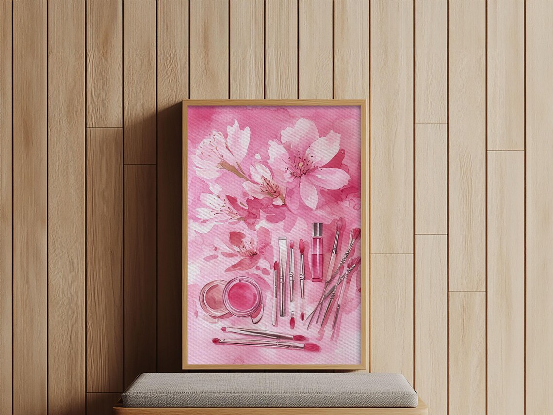 Cherry Blossom Print Featuring Makeup And Brush Theme Perfect Whimsical And Light Pink Wall Art Bedroom Or Bathroom Decor - Image 2