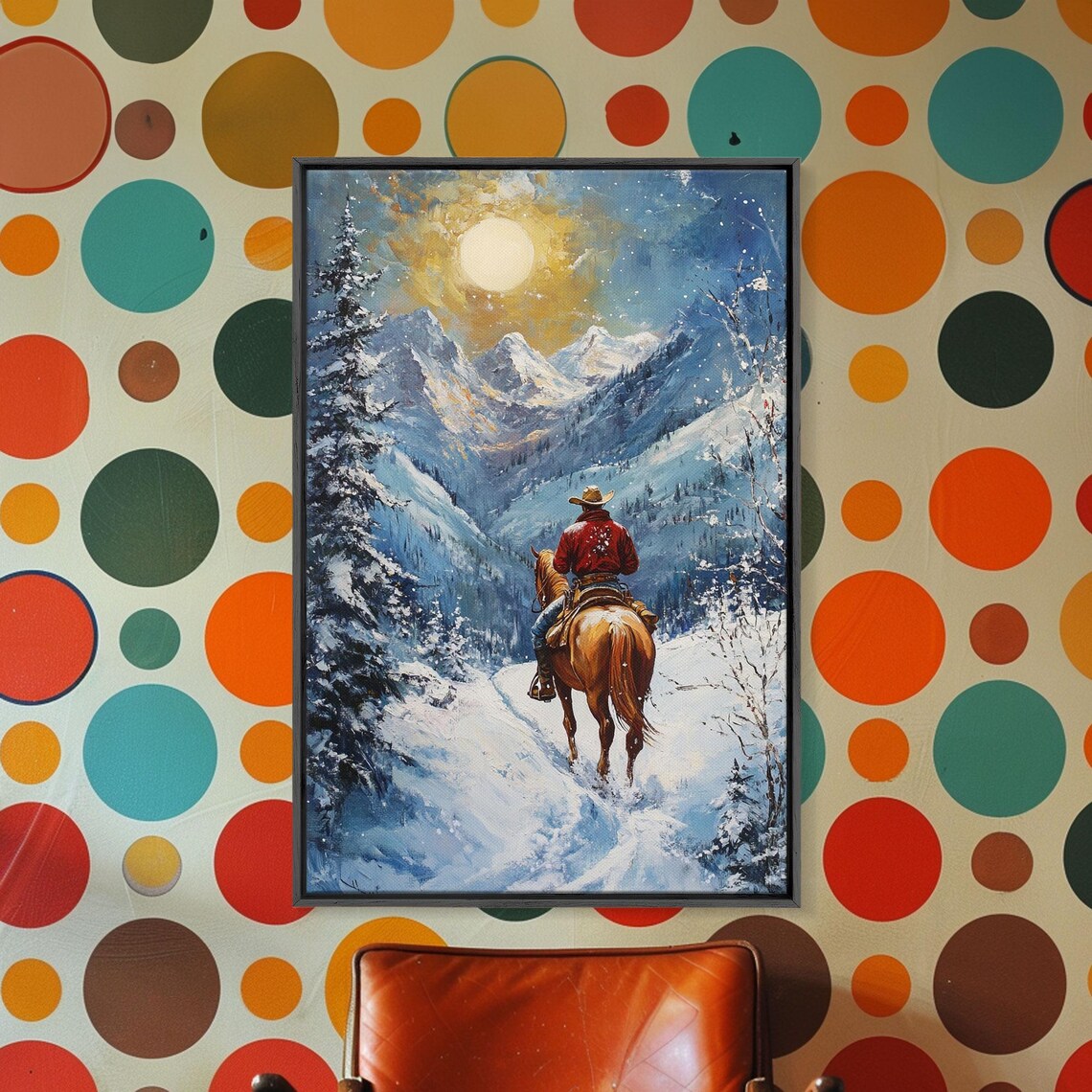 Cowboy Riding Under Golden Moon Snowy Mountain Peaks Night Poster - Image 2