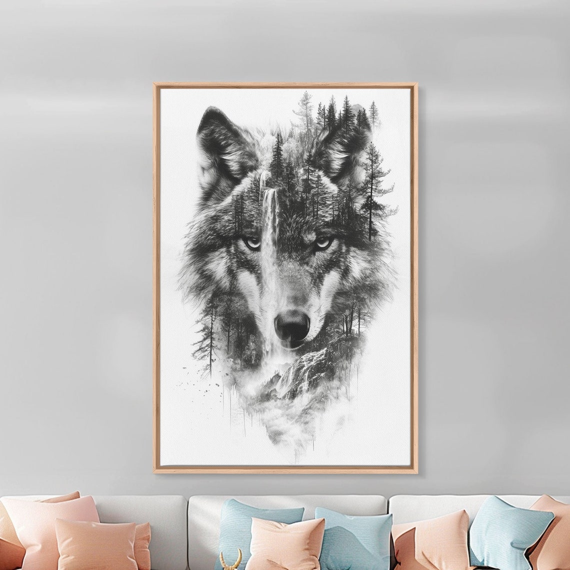 Black and White Wolf Forest Poster with Waterfall Double Exposure - Image 5