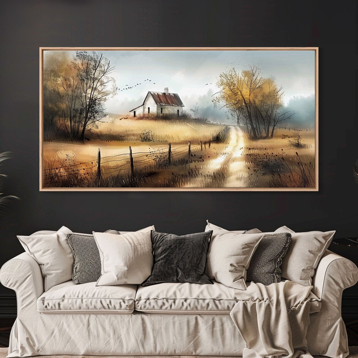 Misty Autumn Farmhouse Golden Field Country Road Watercolor Art Poster - Image 5