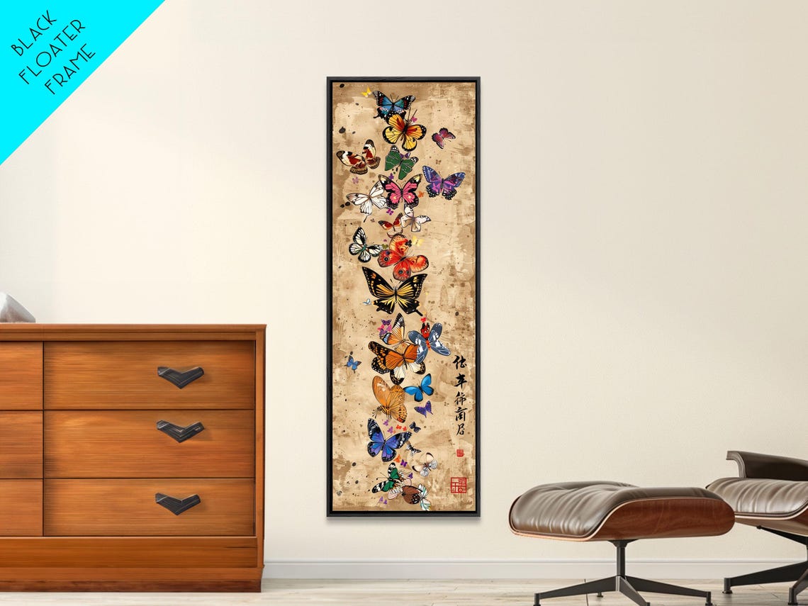 Butterflies Rising Tan Paper Japanese Calligraphy Tall Art Poster - Image 5