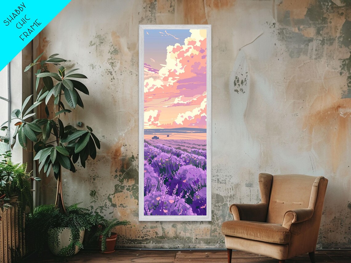 Lavender Field Pastel Cloudy Sky Japanese Style Tall Art Poster - Image 3