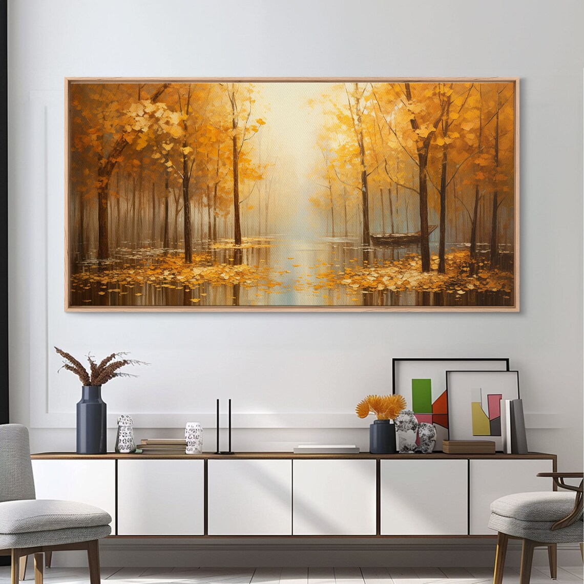 Golden Autumn Forest River Fall Foliage Oil Painting Landscape Poster