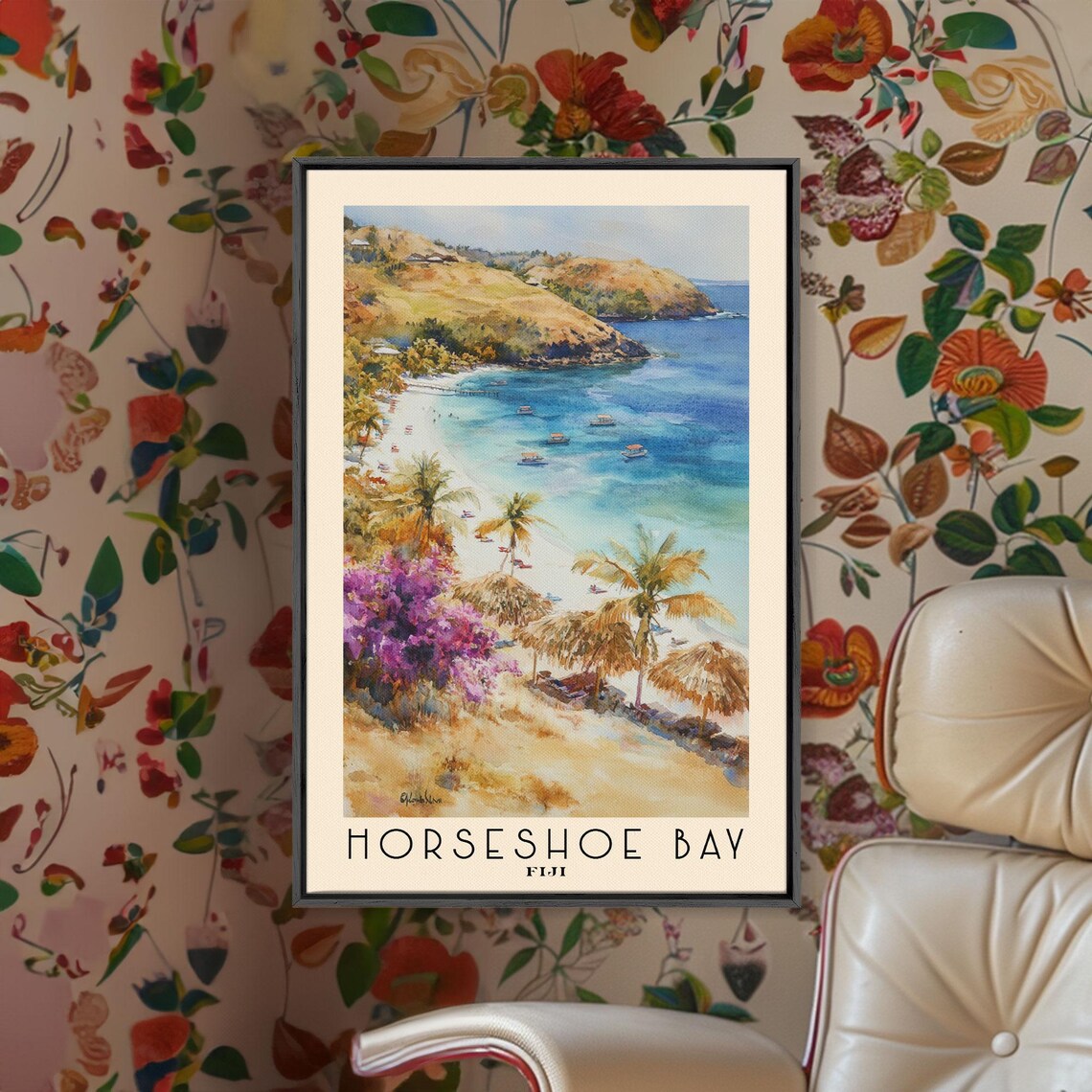 Horseshoe Bay Fiji Beach Palms Boats Bougainvillea Watercolor Poster - Image 2