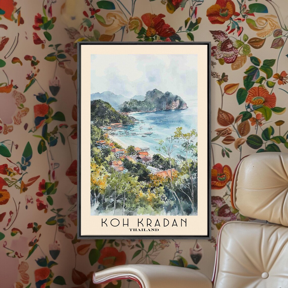 Koh Kradan Thailand Karst Island Bay Boats Village View Watercolor Poster - Image 2
