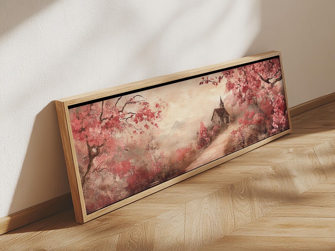 Cherry Blossom Chapel Path Pink Blossoms Misty Panoramic Rustic Wall Poster - Image 6