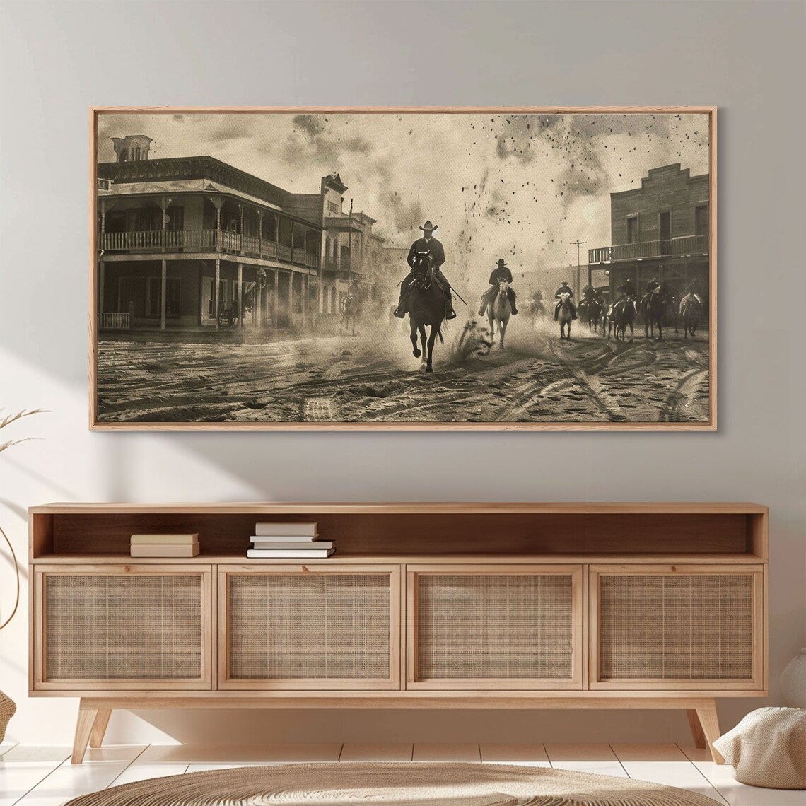 Cowboys Riding Into Old Western Frontier Town Vintage Sepia Art Poster - Image 2