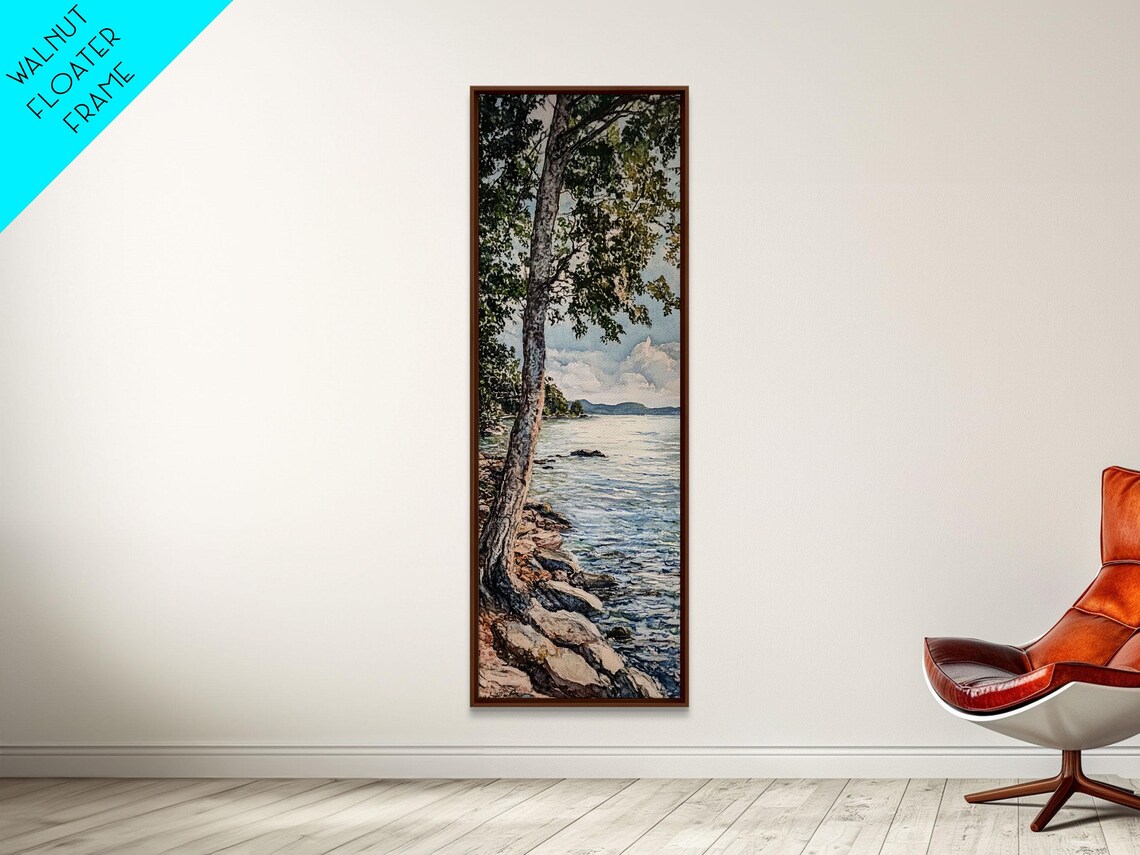 Birch Tree on Rocky Lakeshore Calm Blue Water Scene Wall Art