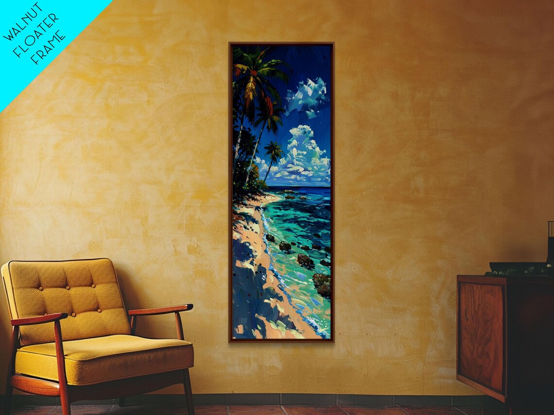 Rocky Tropical Beach Palm Trees Turquoise Cove Painting Print