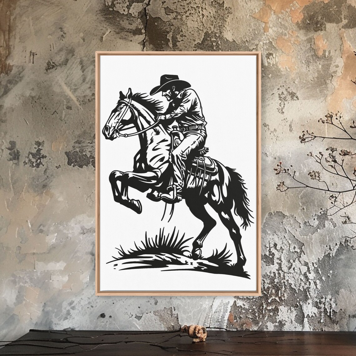 Classic Cowboy Riding Horse With Reins Black White Line Art Poster - Image 3