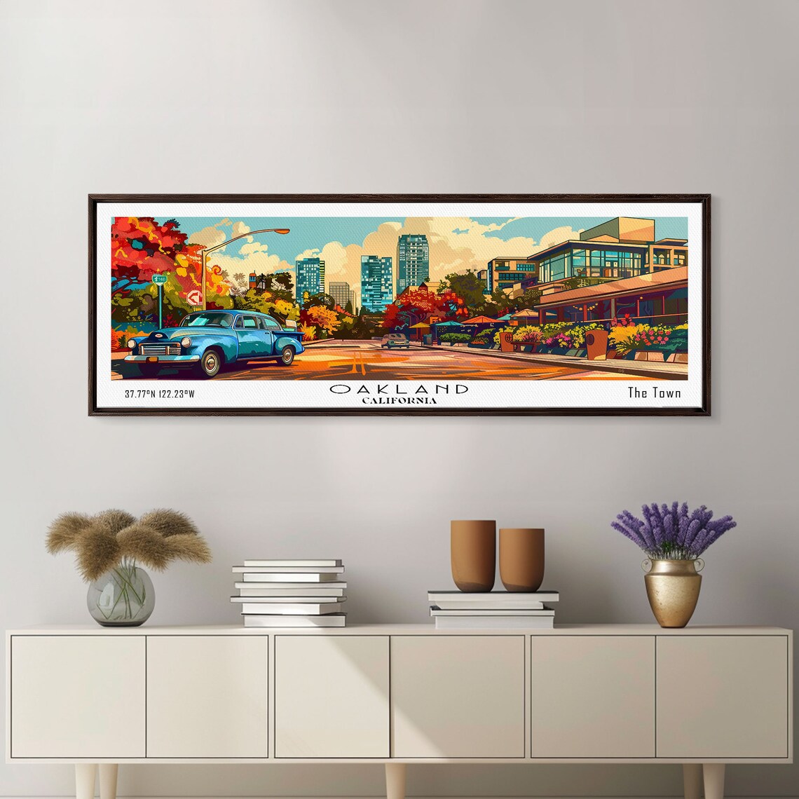 Oakland California The Town Vintage Car Skyline Pop Art Travel Poster