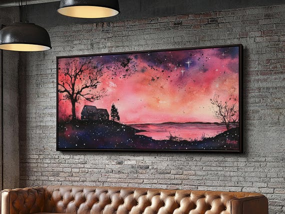 Sunset Cottage Print Moody Art With Dark Romance Painting Of Landscape Rustic Wall Art Above Sofa Or Living Room Decor